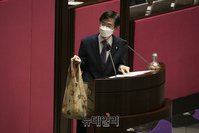 [포토] 대정부질문에 장바구니 들고 나타난 조경태 의원