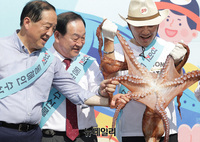 [포토] 대문어 들어올리는 김진태 강원지사 "동해안 수산물 안전해요"