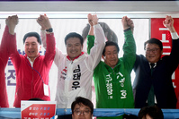 [포토] 국민의힘 김태우, 우리공화당 강서구청장 후보 단일화