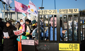 [포토] 국회 앞 등장한 '감옥 갇힌 대통령'
