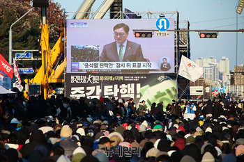 [포토] 여의도 모여 탄핵안 방송 보는 '탄핵찬성' 참가자들