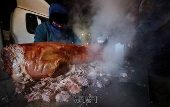 [포토] 관저 밤샘집회 등장한 '통돼지바비큐' 푸드트럭