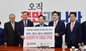 [포토] 산불피해 성금 전달하는 국민의힘 지도부
