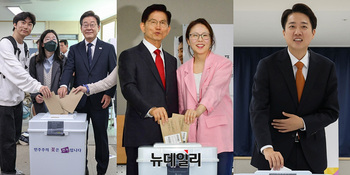 [포토] 사전투표하는 이재명·김문수·이준석 대선후보 
