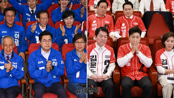 [포토] "희비 엇갈린 출구조사"…양당 상황실 표정 대조