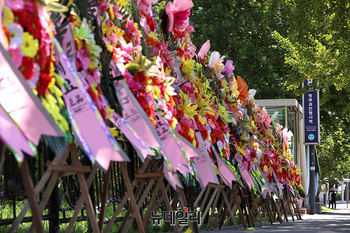 [포토] 정부과천청사 앞 가득 채운 '이진숙 위원장' 응원 화환
