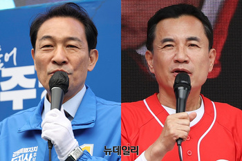 [포토] 유세 이어가는 우상호·김진태 강원지사 후보 