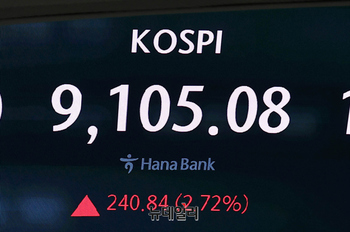 [포토] 코스피 9,100 돌파